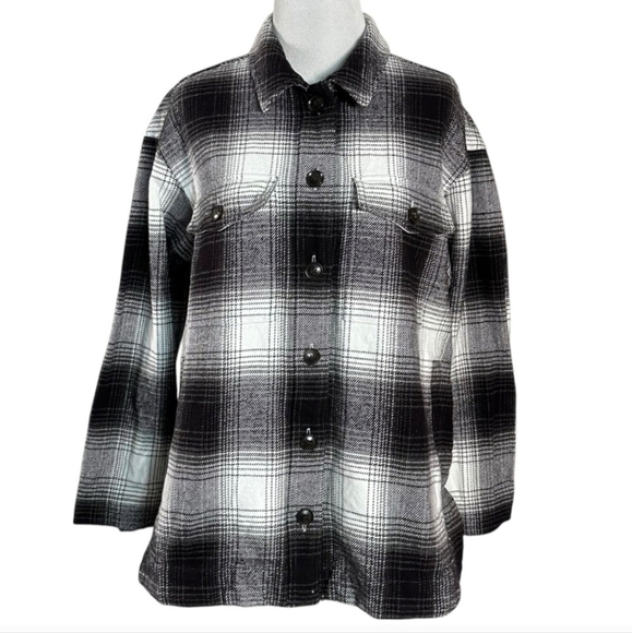 Madewell Twill Flannel Shirt Jacket Windowpane Plaid Black White Medium Shacket - Picture 5 of 10